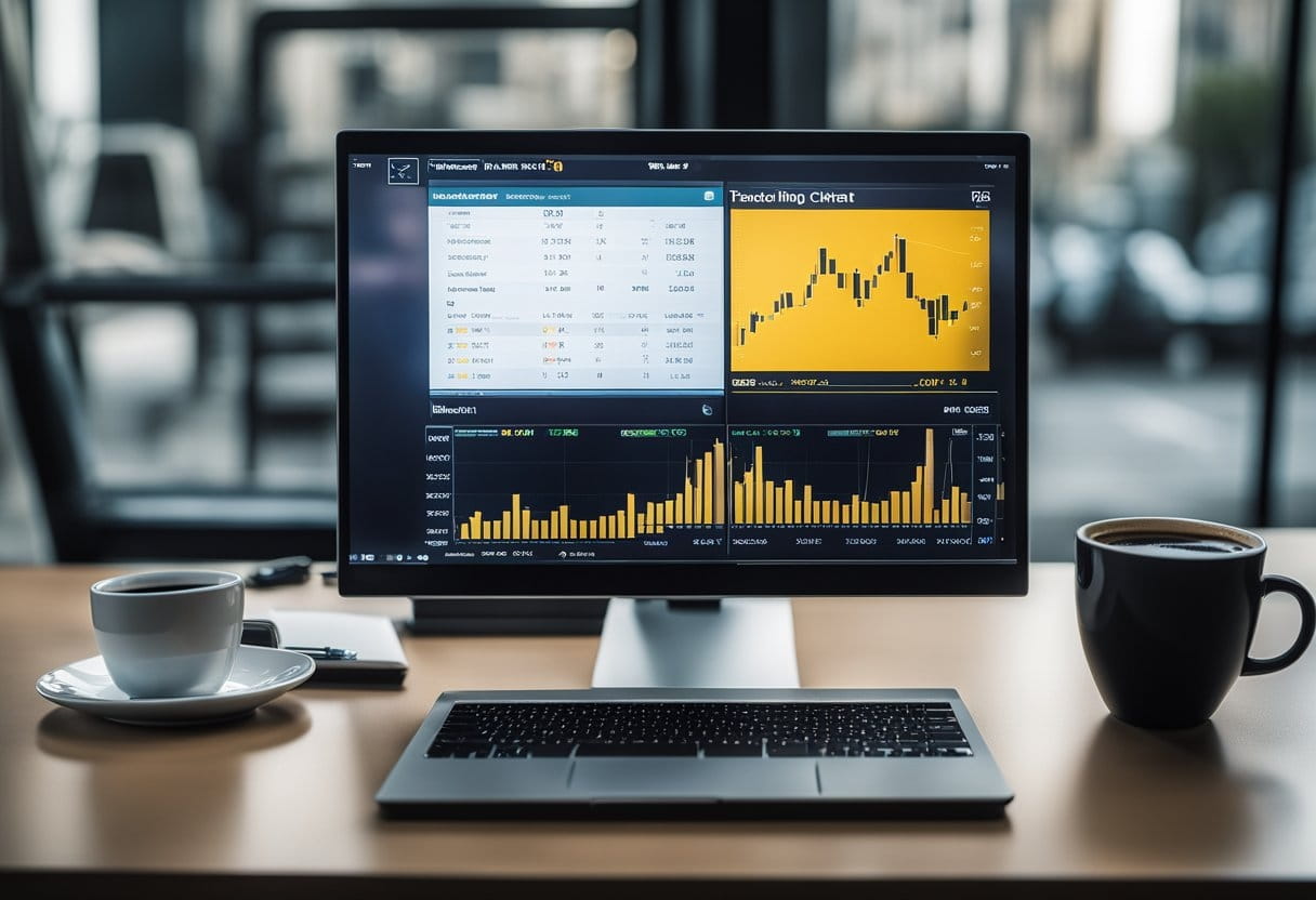 A computer screen displaying Binance trading charts and indicators, with a notebook and pen for note-taking. A cup of coffee sits nearby