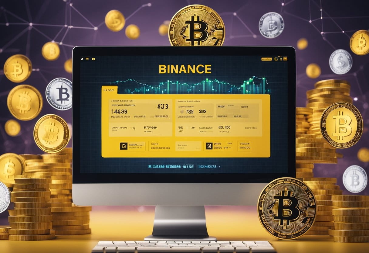 A computer screen showing Binance website with Web3 information displayed, surrounded by digital currency symbols and blockchain graphics