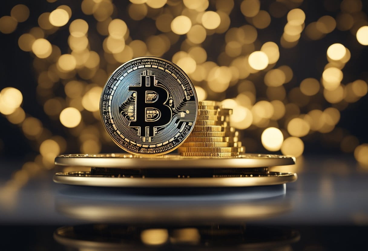 A digital Bitcoin symbol hovers over a scale, tipping towards a traditional currency symbol. Surrounding the scene are question marks and arrows, representing the uncertainty and possibilities of Bitcoin replacing traditional currency