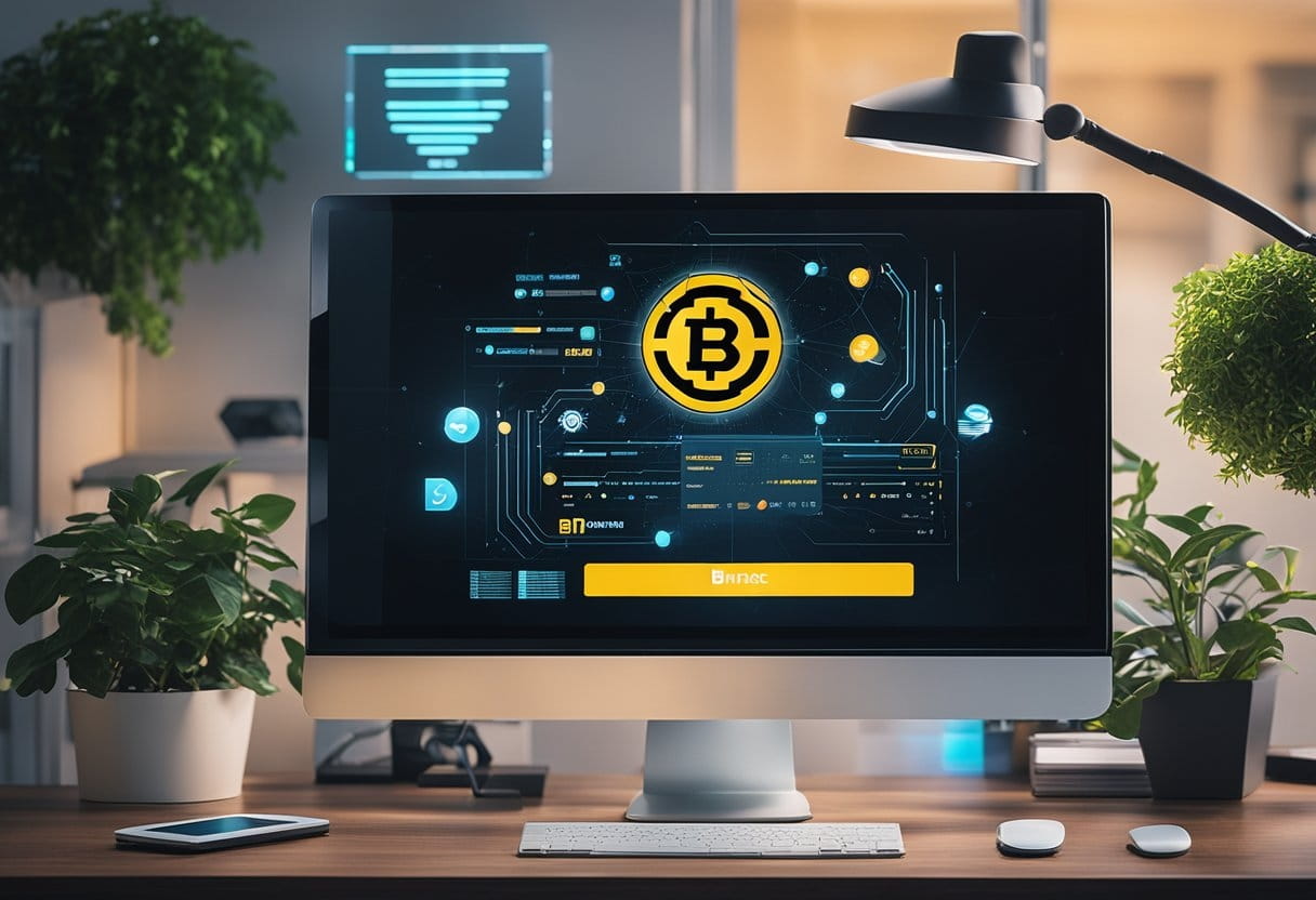 A computer screen displays Web3 concepts with Binance logo. Crypto symbols and blockchain visuals surround the screen, representing the digital world