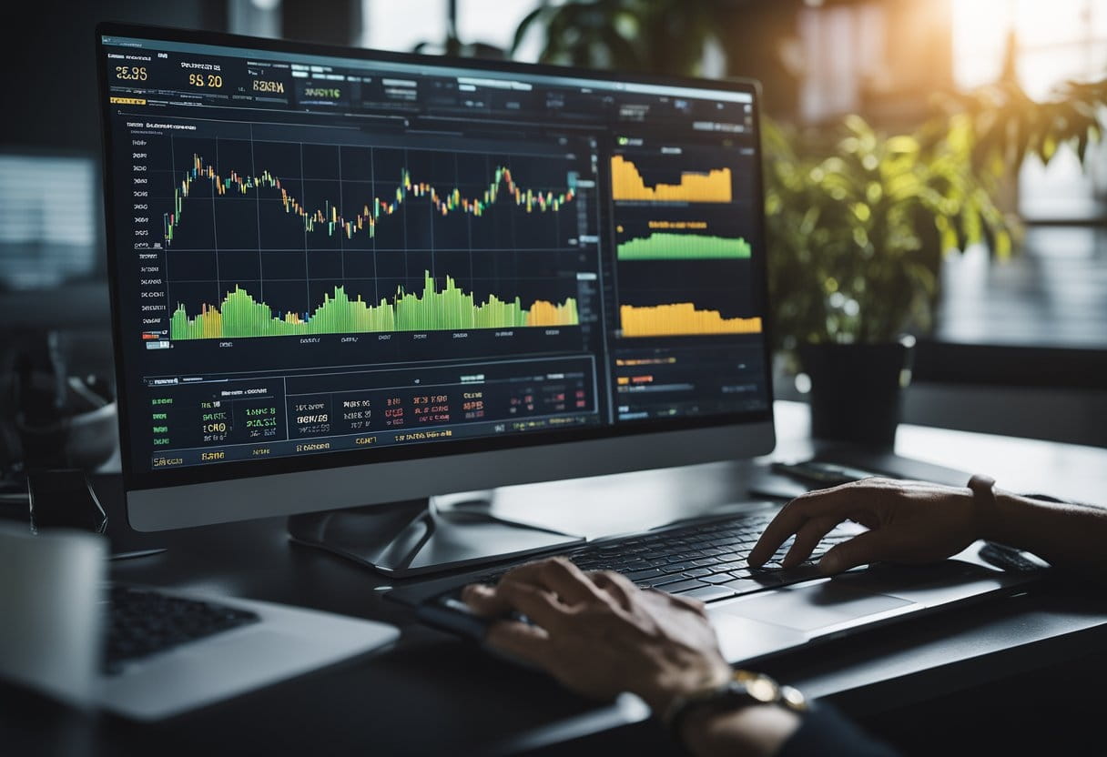 A computer screen with Binance trading platform open, charts and graphs displayed, and a person's hand typing on the keyboard