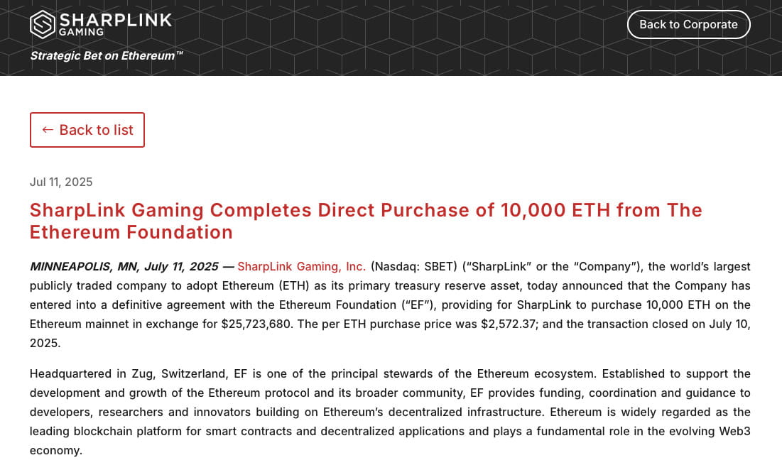 SharpLink purchases 10,000 ETH directly from the Ethereum Foundation, highlighting treasury use case.
