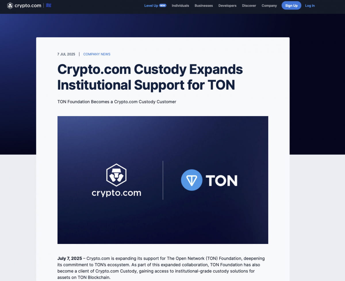 Crypto․com adds institutional custody support for TON, reinforcing infrastructure credibility.
