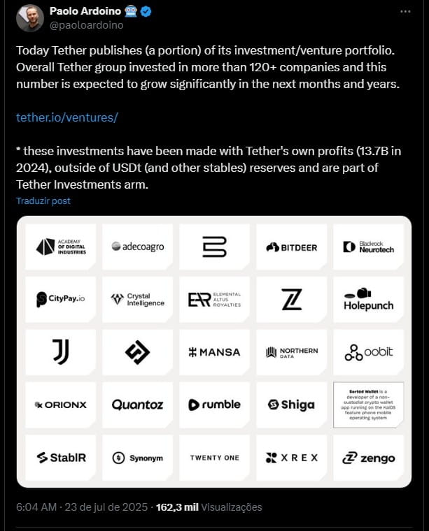 Paolo Ardoino compartilha posição da Tether em outras empresas. Fonte: X.