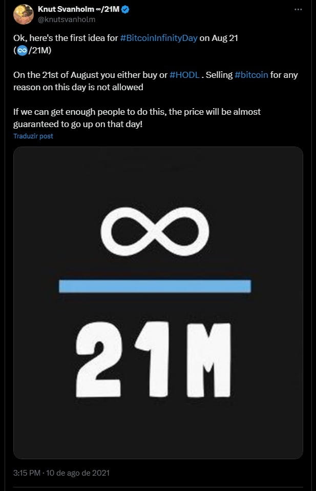 Origem do 'Bitcoin Infinity Day' (Dia do Infinito do Bitcoin). Fonte: X.