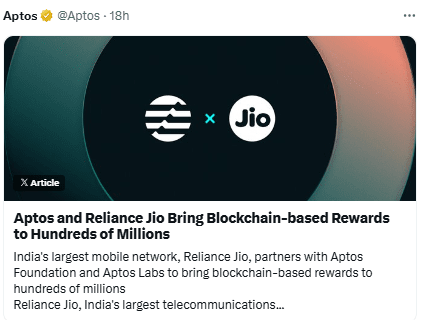 Reliance Jio और Aptos Partnership, पेश किए नए Blockchain Rewards