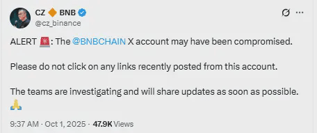 BNB Chain Official X Account Hack, CZ Post