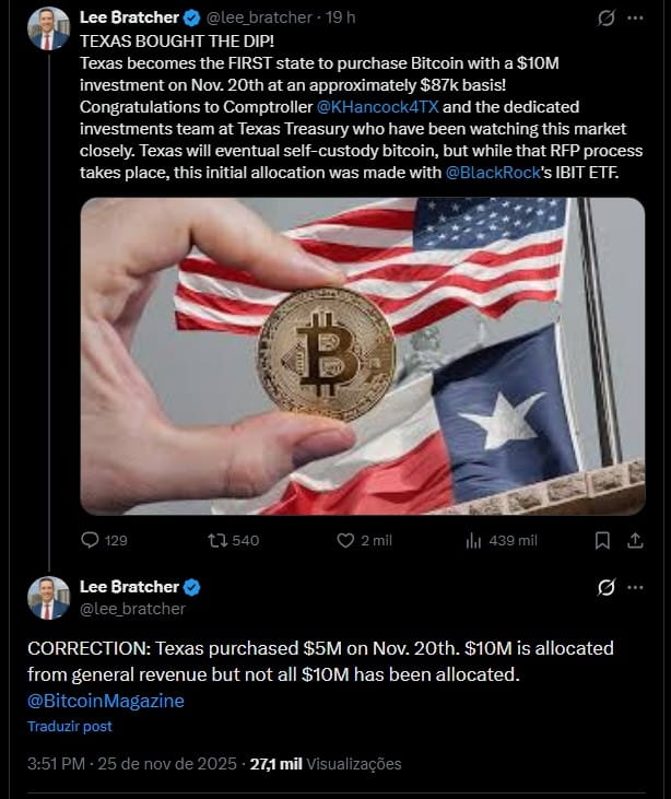 Lee Bratcher, presidente do Texas Blockchain Council, revela compra de Bitcoin pelo estado do Texas. Fonte: X.