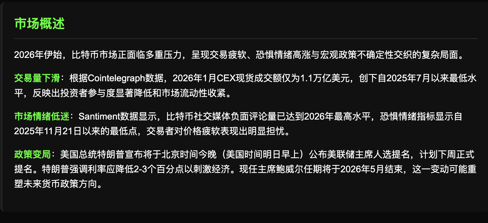 恐惧蔓延,交易低迷:2026年比特币市场在美联储变局前挣扎_aicoin_图1