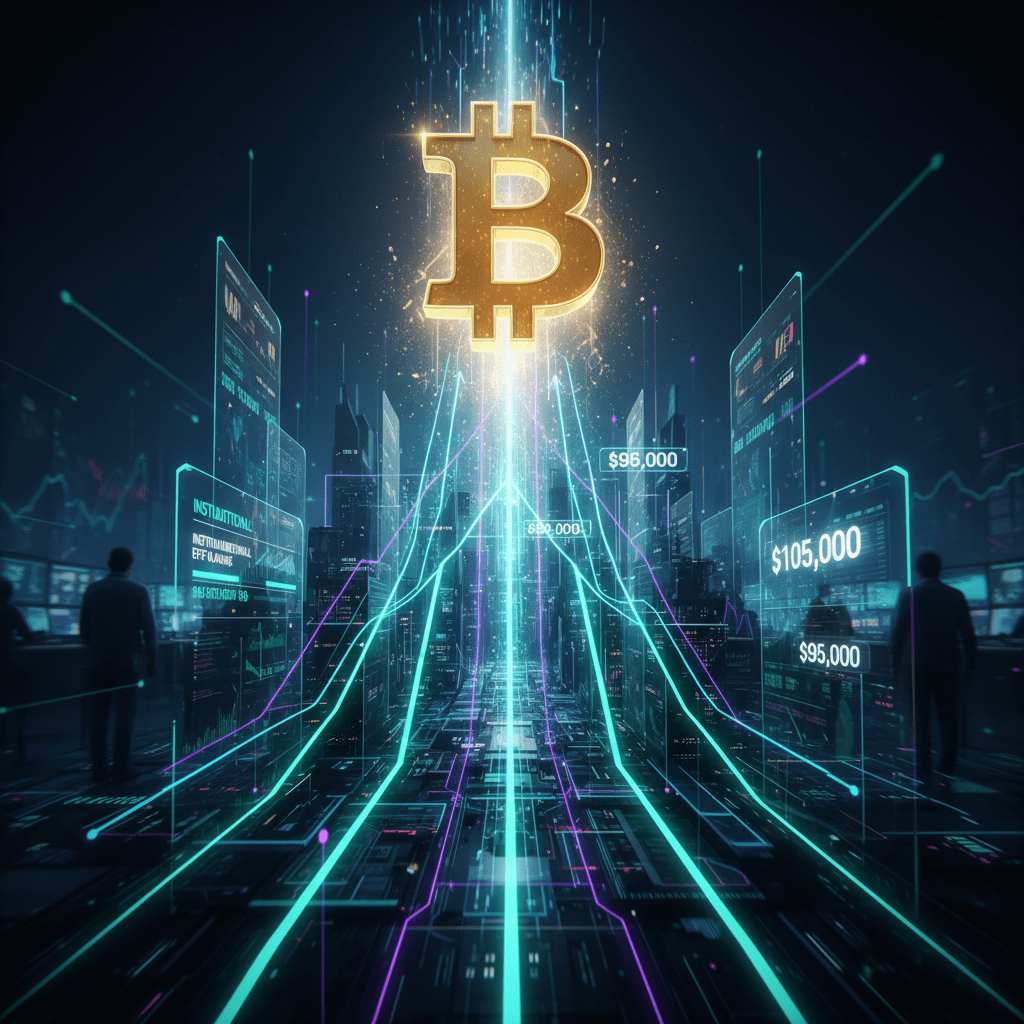 A vibrant abstract image representing market trends and data, possibly with upward-trending lines and digital currency symbols.