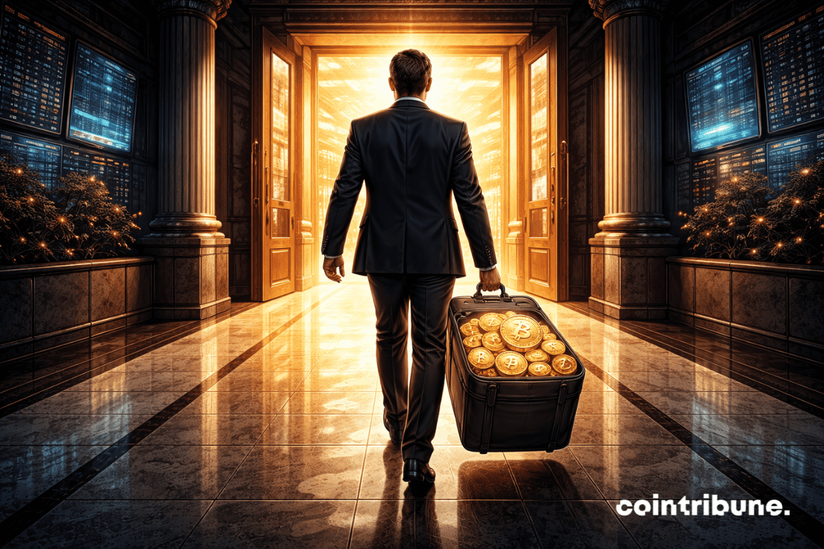 Une silhouette associée à Ripple tourne le dos, s’éloignant avec une valise pleine de pièces XRP au fond d’un couloir financier, des portes ouvertes sur la Bourse.