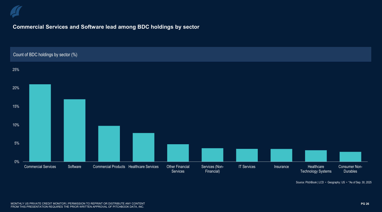 Serviços comerciais e software lideram entre as participações do BDC por setor. Fonte: PitchBook