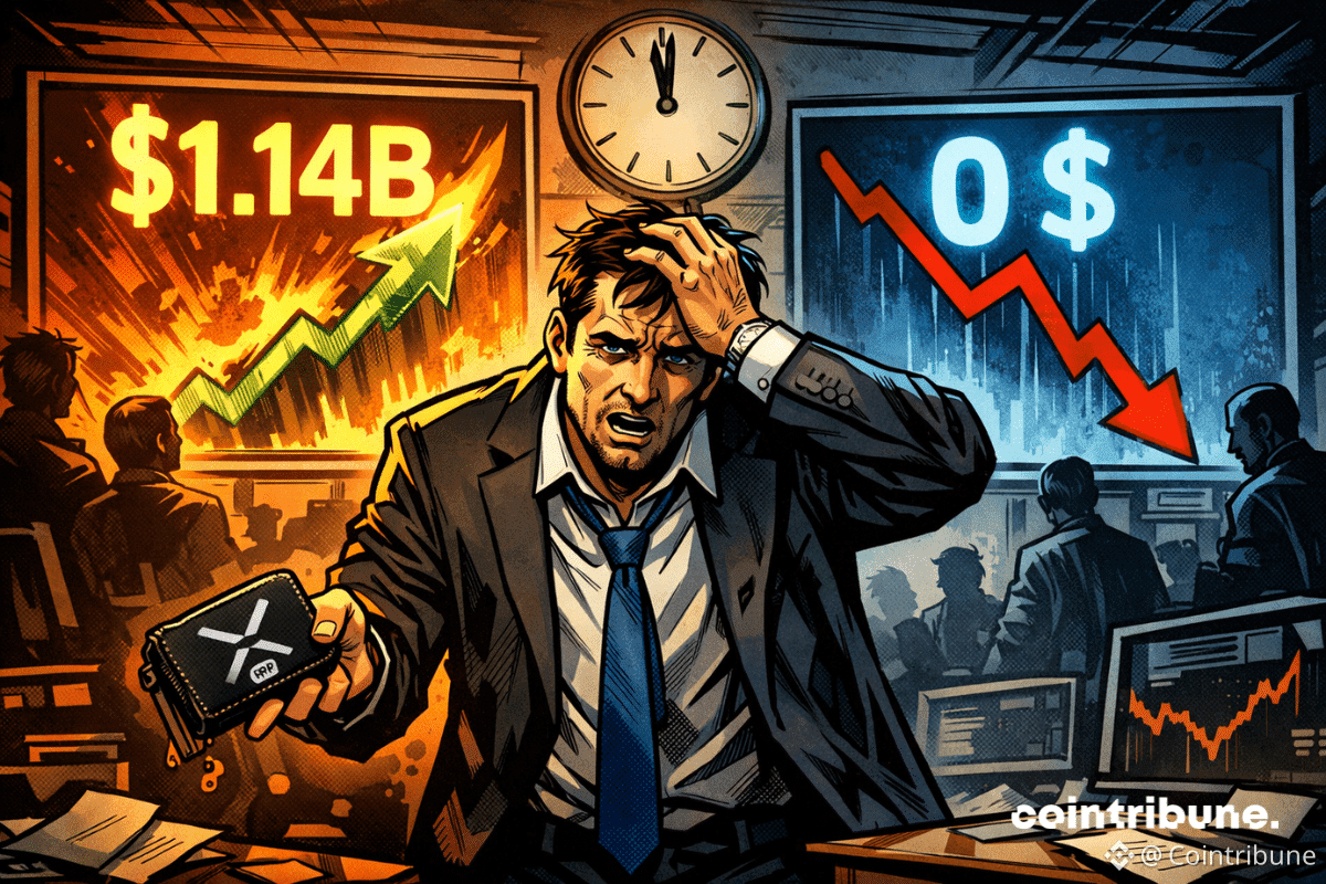 Un analyste paniqué au centre d’une salle de marché, entre un écran flamboyant à 1.14B et un autre affichant 0 $.