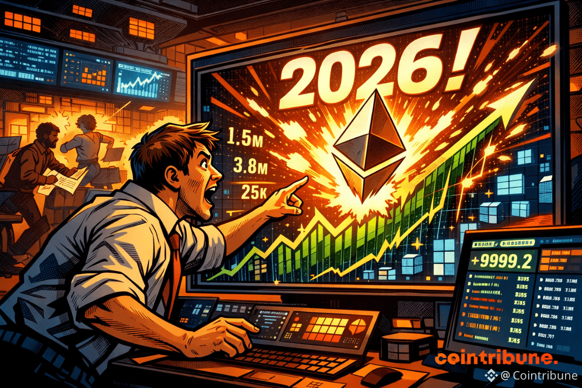 Un trader euphorique pointe un écran explosif où le logo Ethereum jaillit sous le chiffre record "2026".