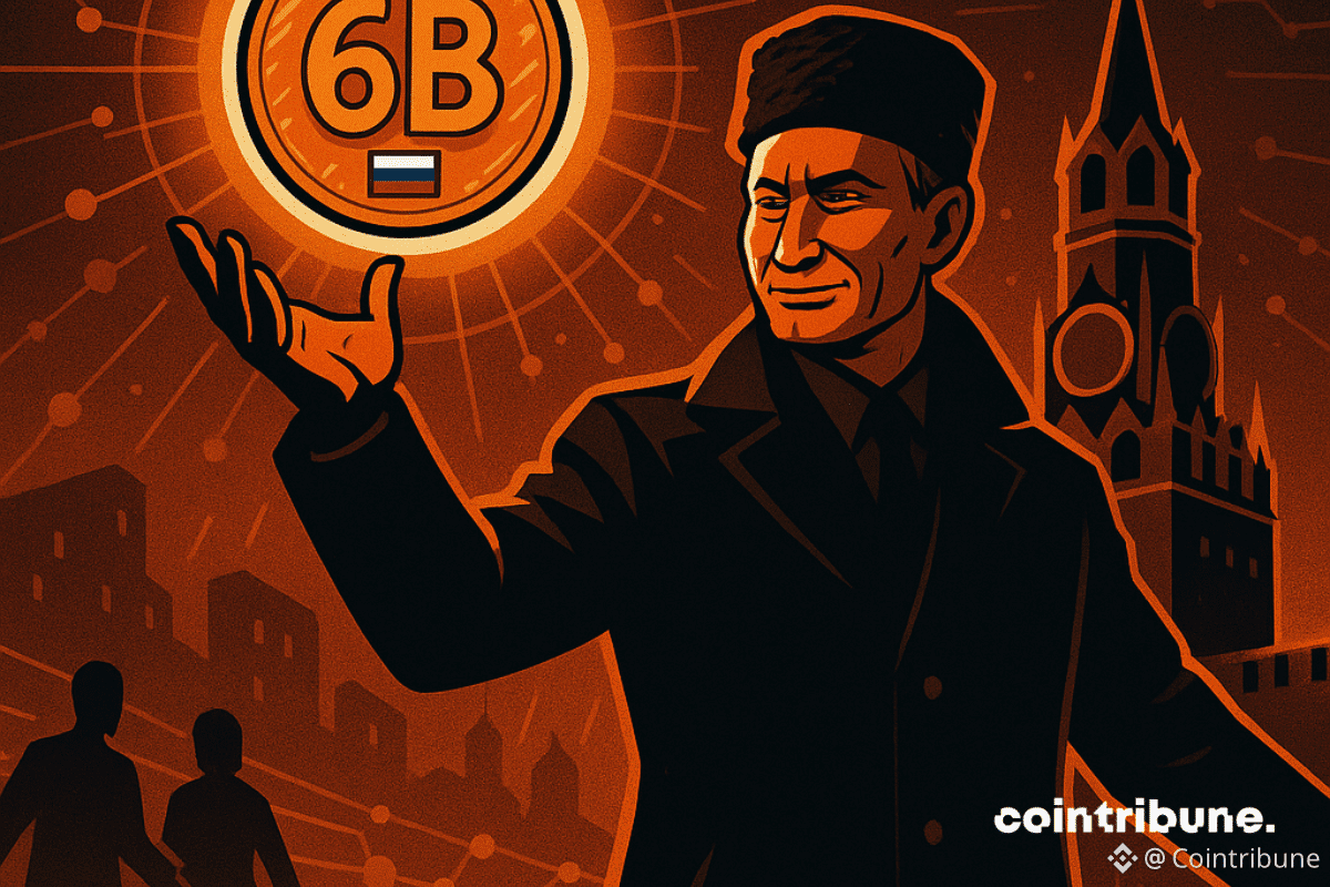 Homme en manteau noir brandissant une pièce crypto "6B", fond Kremlin, ambiance orange, symboles russes et numériques.