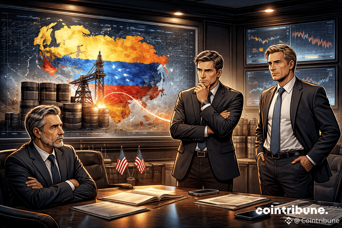 Des représentants d’entreprises pétrolières américaines patientent pendant qu’un écran affiche « Venezuela » avec un graphique à plat.