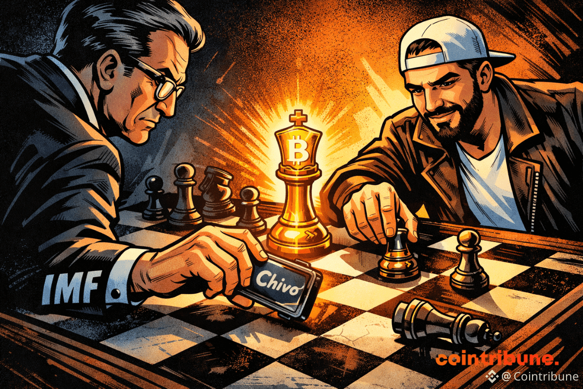 Une scène aérienne de style bande dessinée montre un personnage du FMI et le président du Salvador jouant aux échecs tandis qu'un roi Bitcoin lumineux reste immobile pendant qu'une pièce Chivo est retirée.