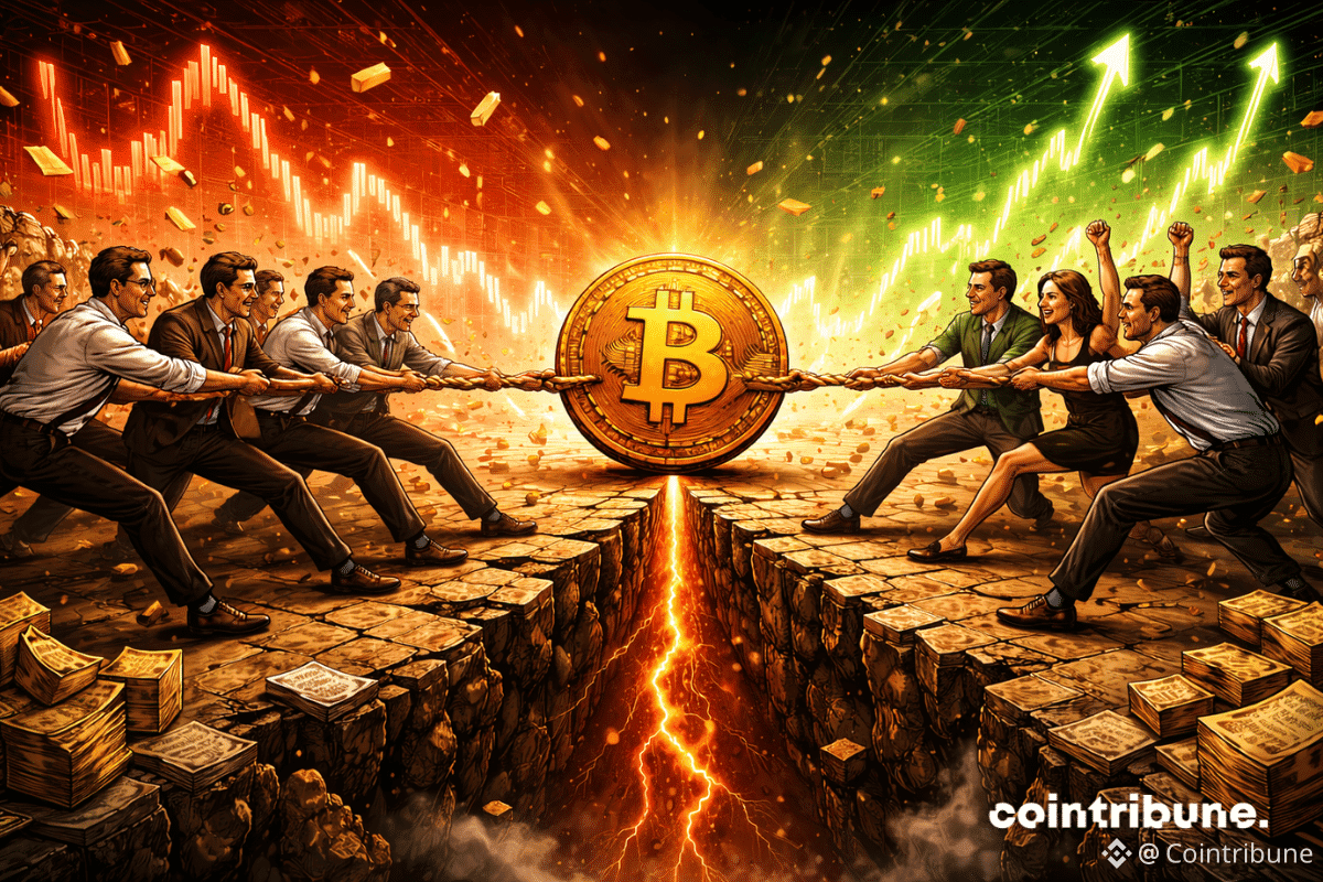 Deux groupes de traders se tirent littéralement un Bitcoin géant entre eux avec des cordes. Le sol est craqué sous leurs pieds, comme une arène de conflit.