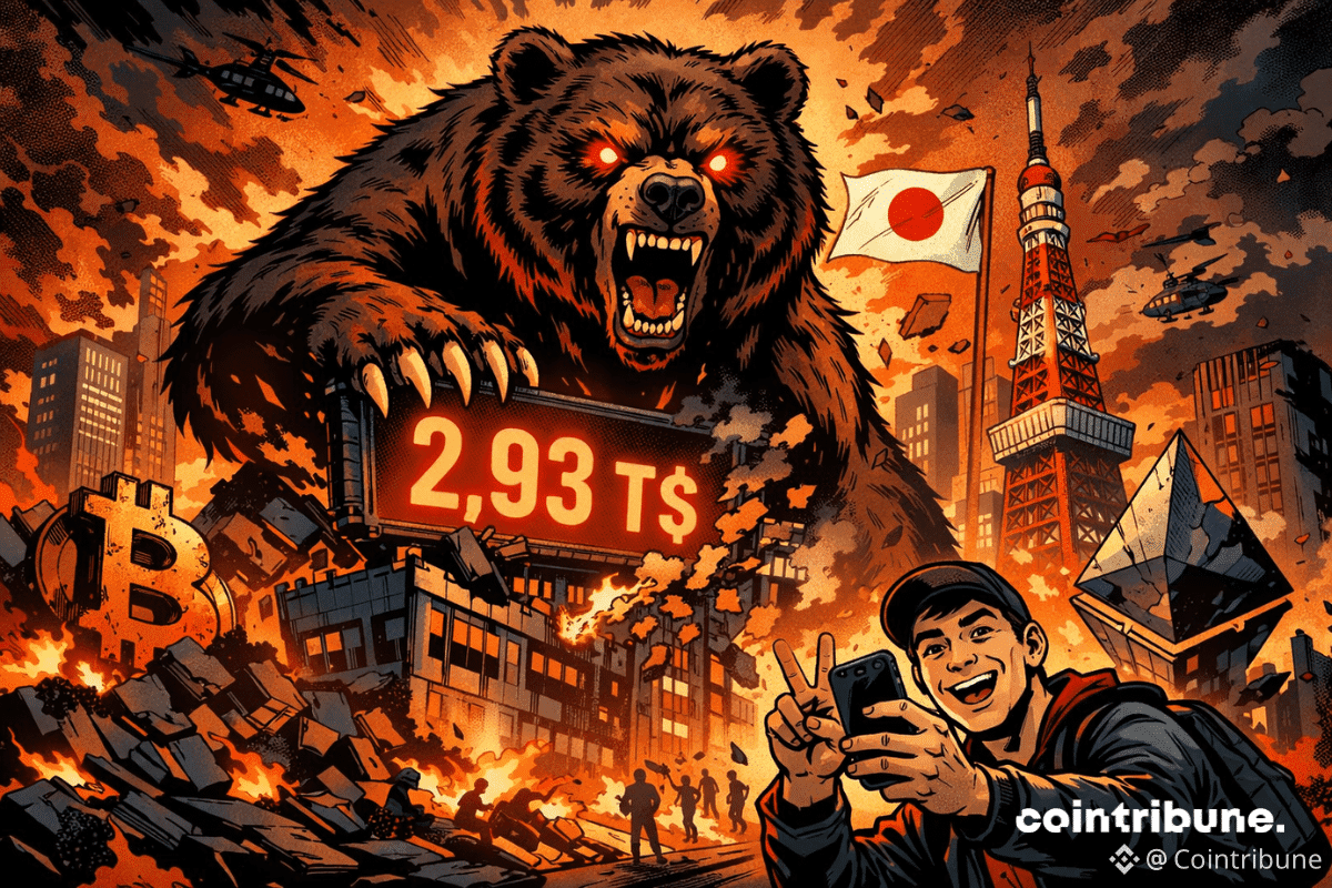 Un ours géant détruit une ville crypto en flammes, tandis qu’un jeune souriant prend un selfie, drapeau japonais en fond.