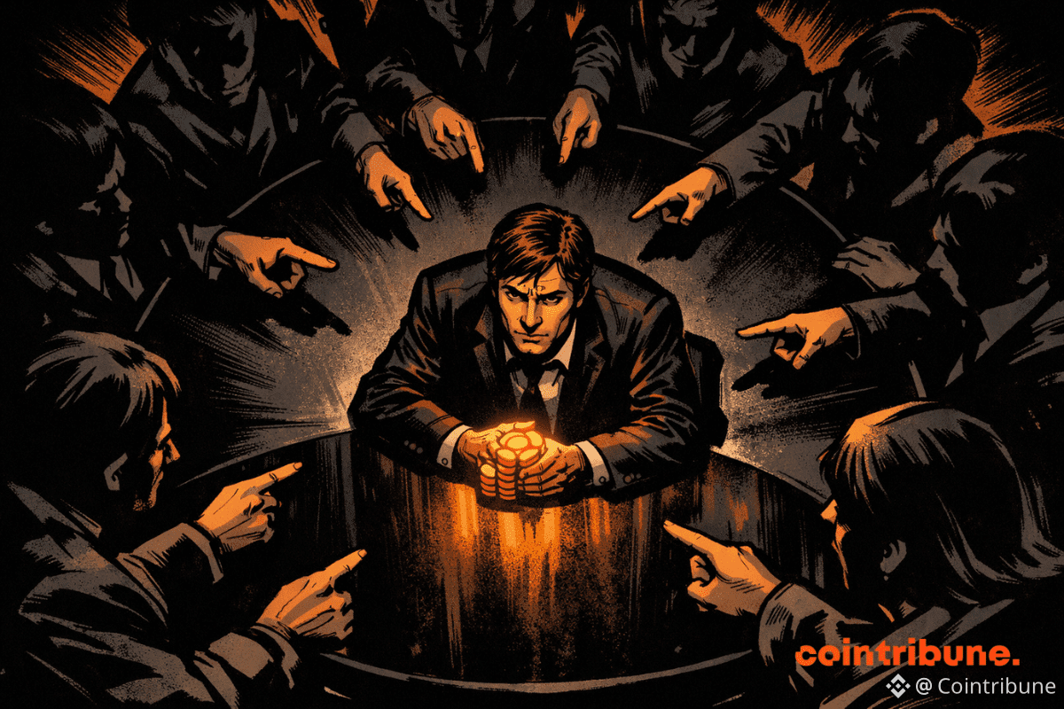 Une scène tendue, digne d'une bande dessinée, montre un fondateur de cryptomonnaie en costume, serrant des jetons orange lumineux autour d'une table ronde, tandis que des silhouettes obscures autour de lui pointent des doigts accusateurs vers l'intérieur.