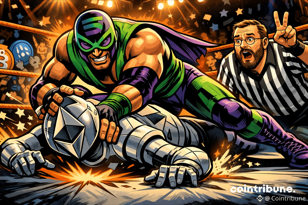 Solana wrestler pins Ethereum robot in comic-style ring as shocked referee Hoskinson counts down.