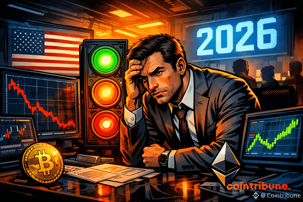Un analyste inquiet observe des signaux lumineux, entouré d’écrans crypto, sous une lumière dramatique, ambiance tendue, année 2026.