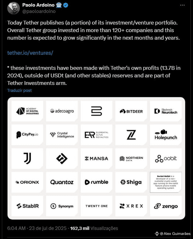Paolo Ardoino compartilha posição da Tether em outras empresas. Fonte: X.