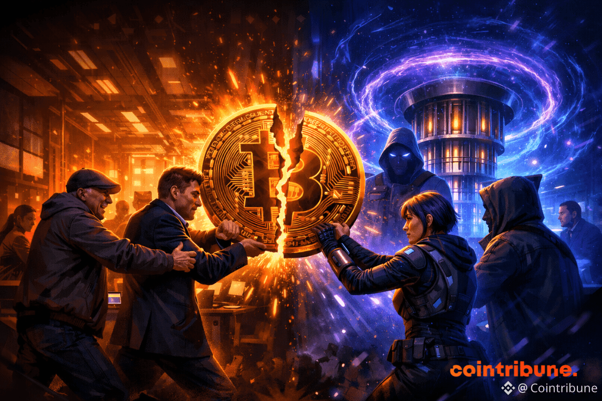Illustration dramatique du conflit autour de BIP-360, où Bitcoin fait face à la menace des ordinateurs quantiques.