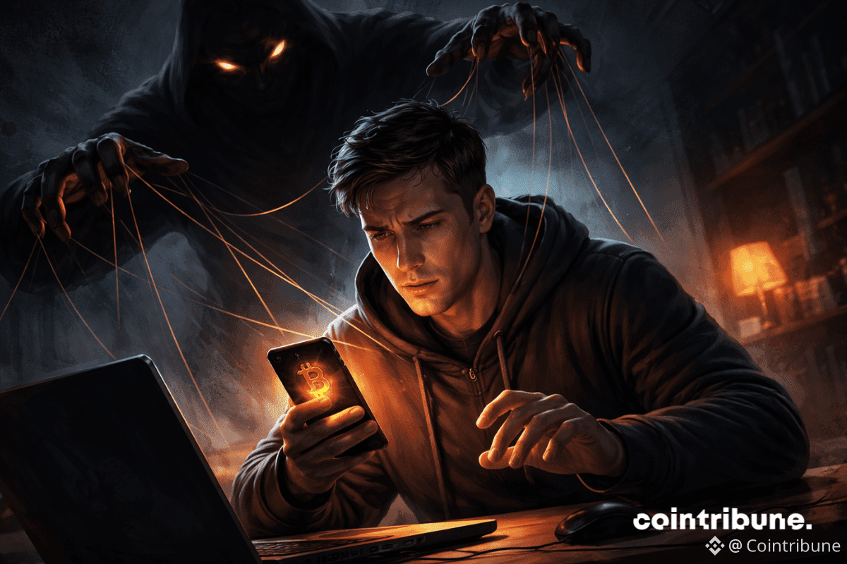 Un investisseur crypto inquiet regarde son smartphone orange, manipulé par une silhouette sombre tirant des fils invisibles au-dessus de lui.
