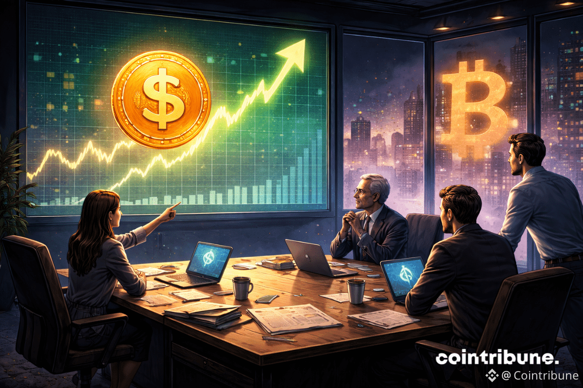 Des analystes et stratèges en réunion observent près d’une grande fenêtre le Bitcoin, à côté d’un graphique stablecoin très lumineux et actif.