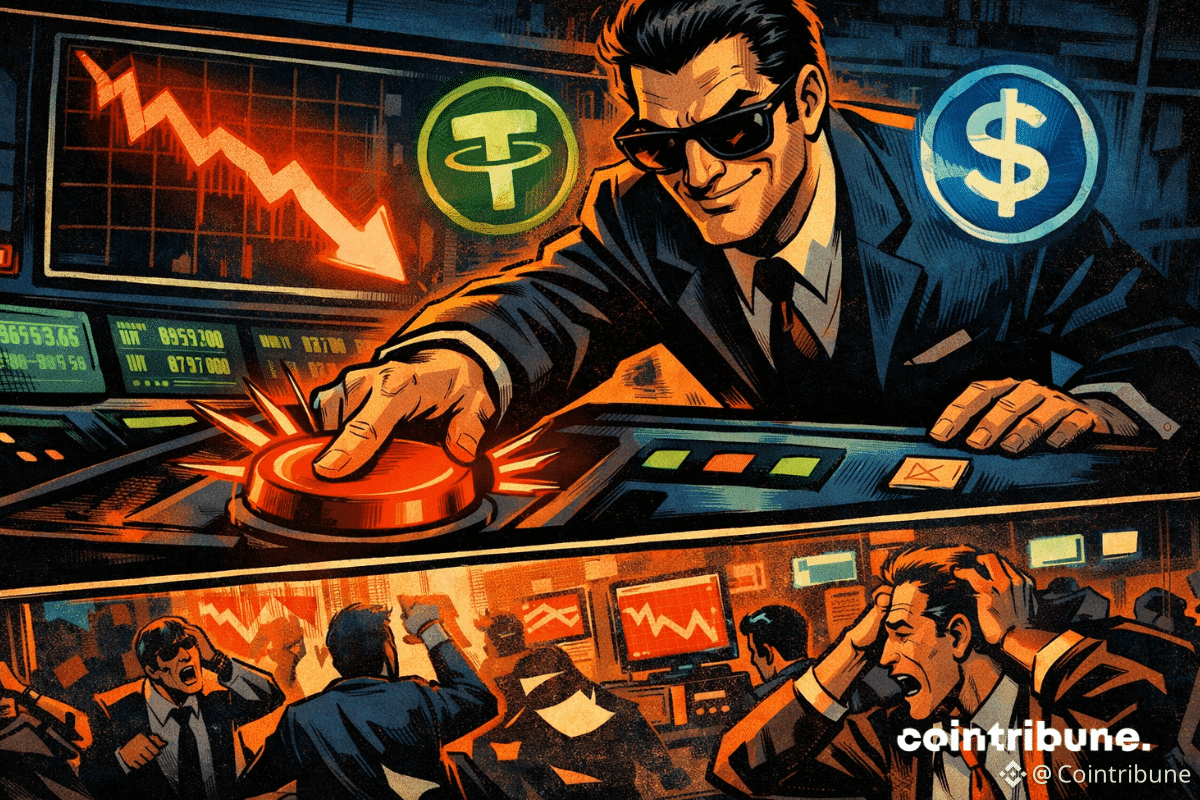 Trader hits red button as Bitcoin dips; chaos erupts in the background.