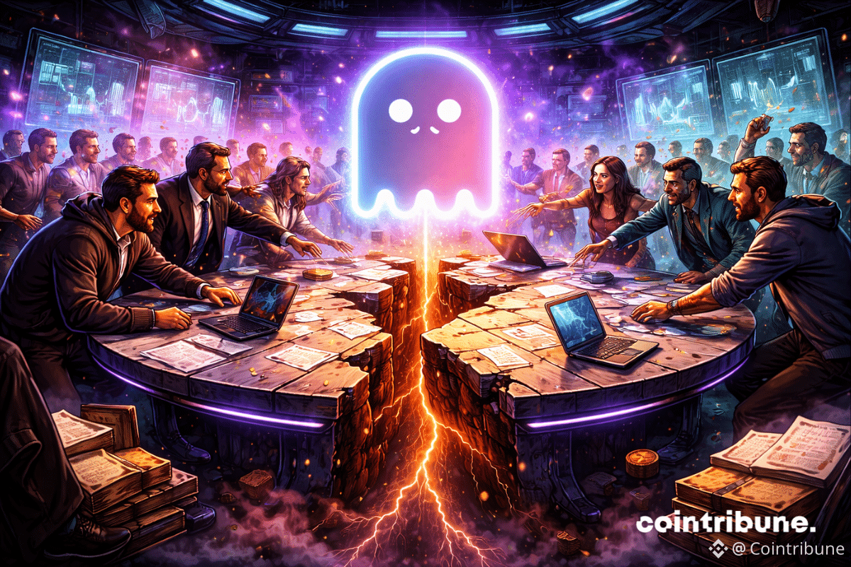 Des membres de la communauté d’Aave discutent avec véhémence autour d’une table ronde façon conseil DAO. Certains sont debout, d’autres quittent la pièce.