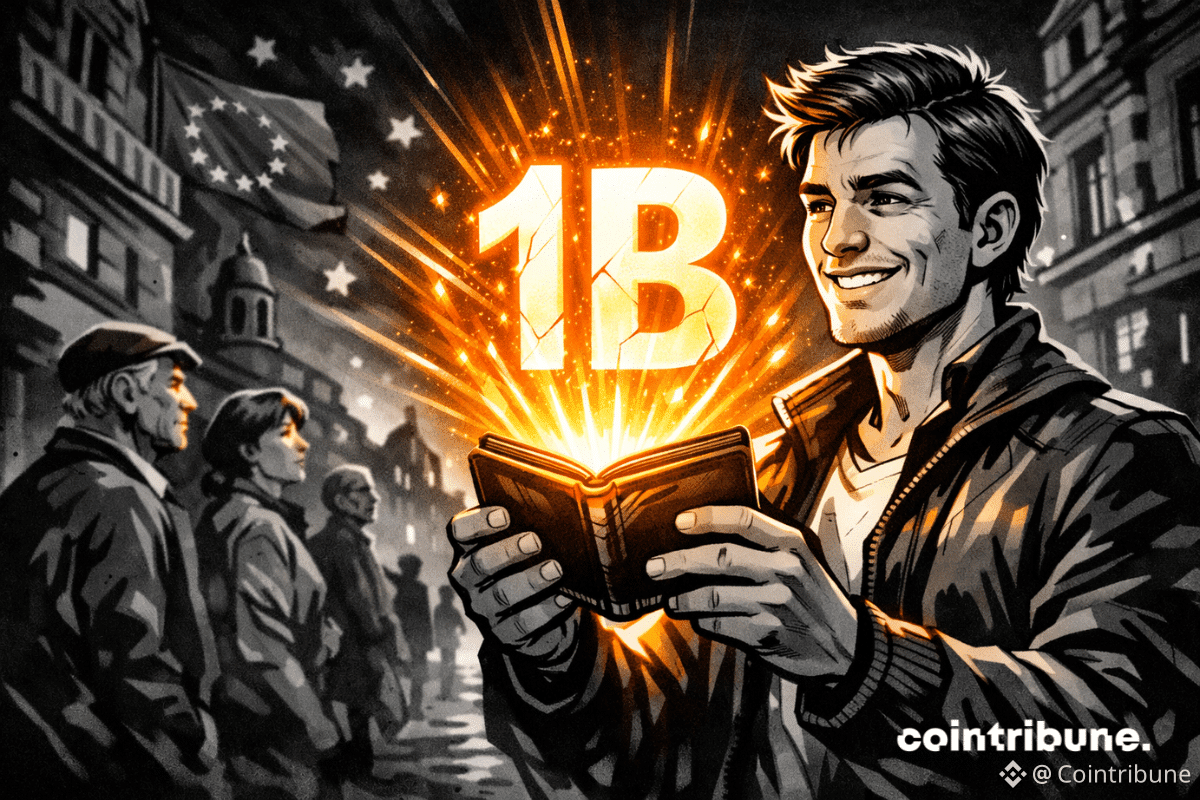 A European citizen smiles as a glowing wallet projects “1B” in orange light on a city street, drawing attention from nearby passersby.