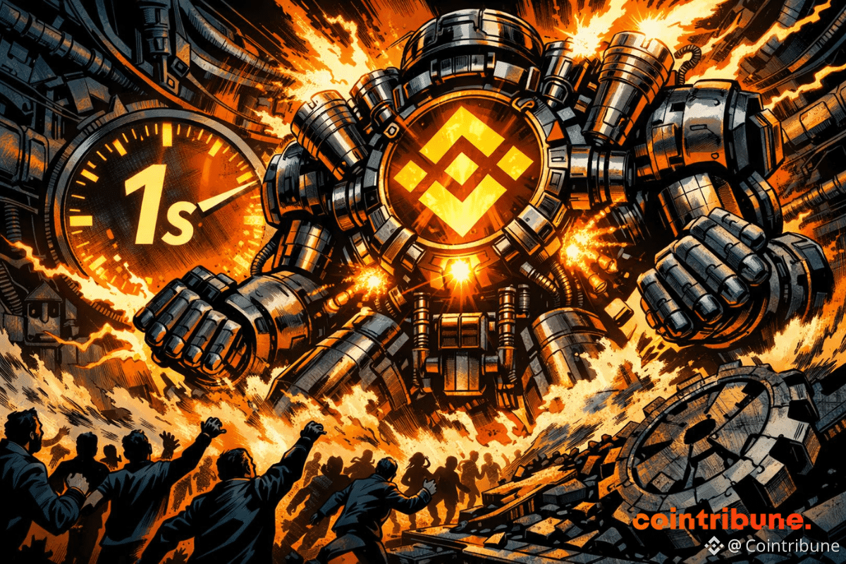 Un géant mécanique incarne BNB Chain, irradiant de puissance, tandis qu’une foule afflue, symbolisant vitesse, pression et domination technologique totale.