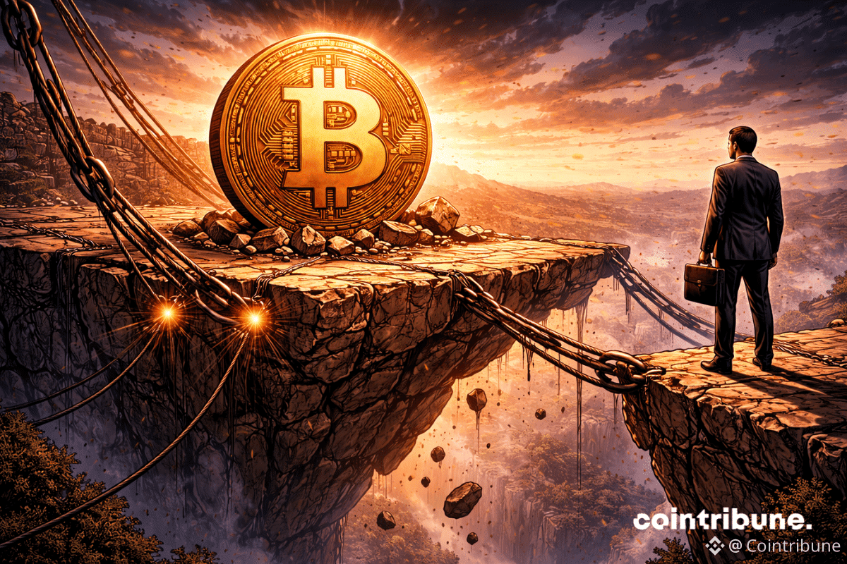 Une plateforme est suspendue avec un Bitcoin au centre. Des câbles se détendent légèrement, suggérant une perte de soutien.