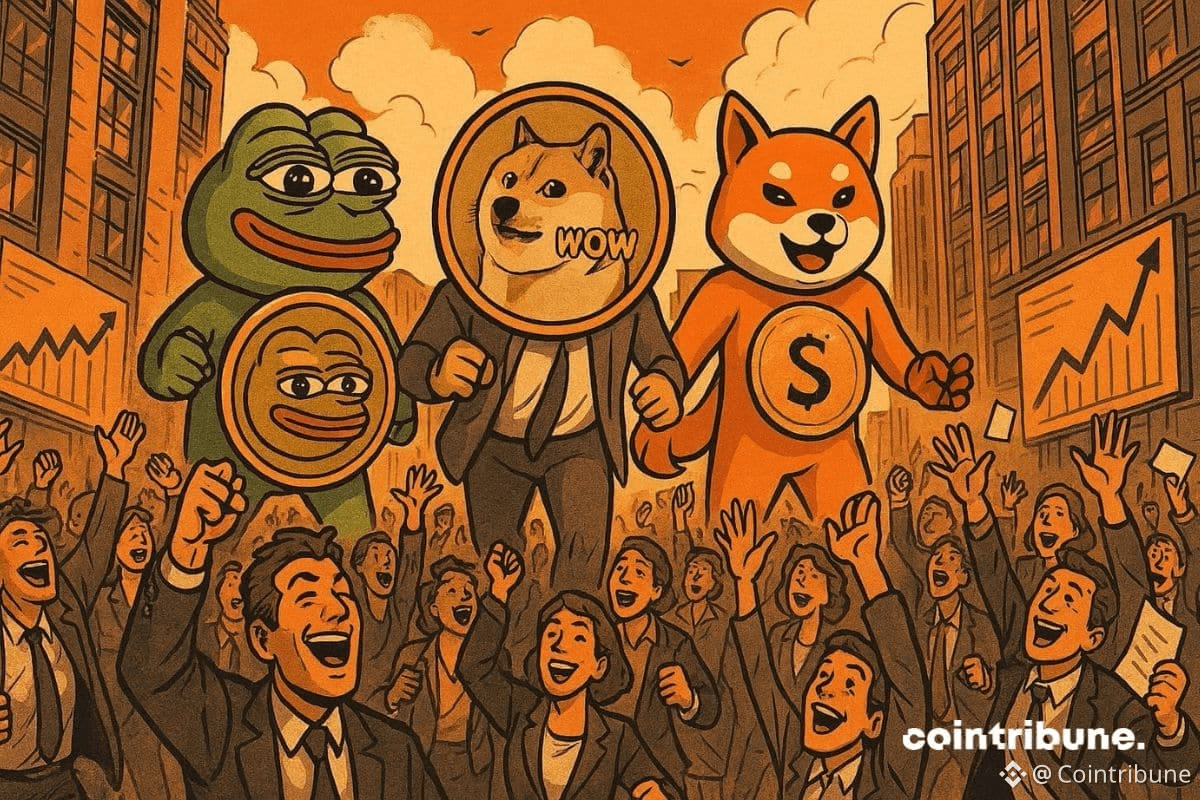 PEPE, Dogecoin et Shiba Inu qui sont accueillis en héros par des traders de mèmecoins.