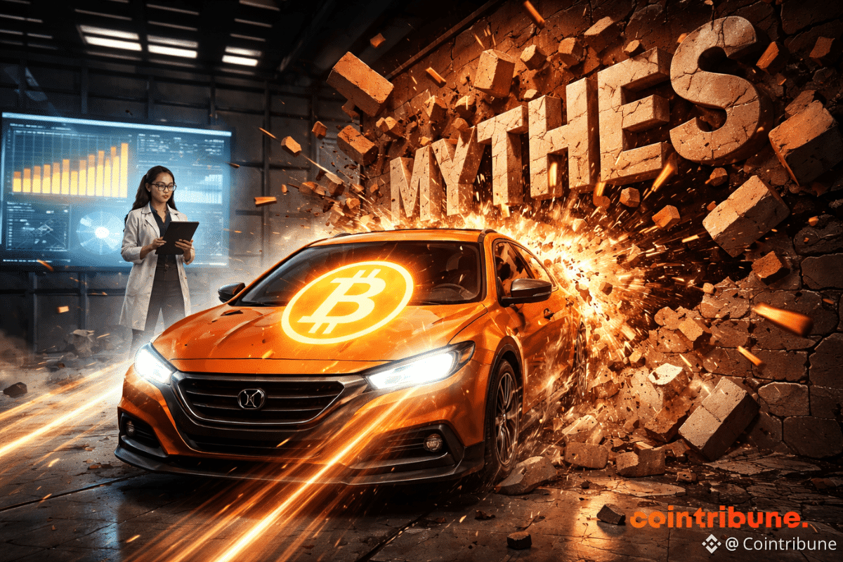 Voiture orange avec logo Bitcoin traverse mur de briques, étincelles jaillissent, experte ESG observe devant écrans de données.
