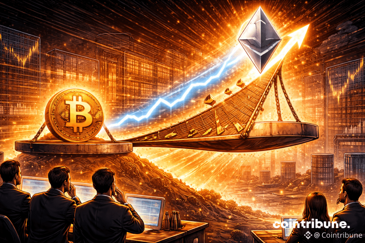 Deux plateformes suspendues sont reliées par un axe. Celle d’Ethereum monte rapidement, celle du Bitcoin reste stable. Une forme géométrique (triangle) se brise sous Ethereum.