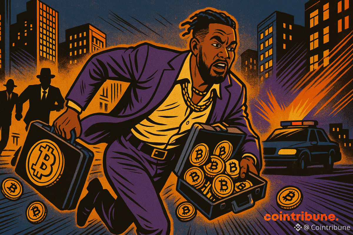 Rodney court en costume ouvert avec valise pleine de pièces Bitcoin, éclatant de tous côtés. Deux silhouettes d’agents en costume sombre le poursuivent.