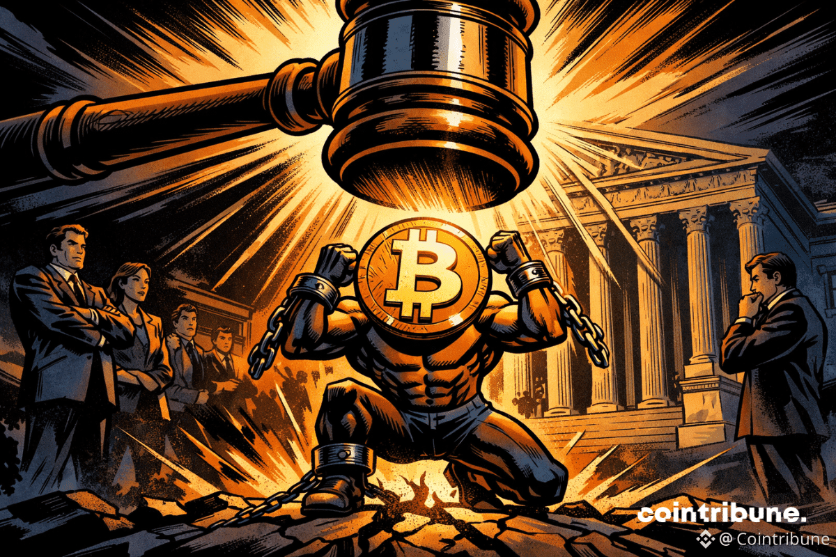 Bitcoin personnifié résiste sous un marteau judiciaire géant, observé par des traders figés, symbole d’une tension extrême et d’un verdict imminent.