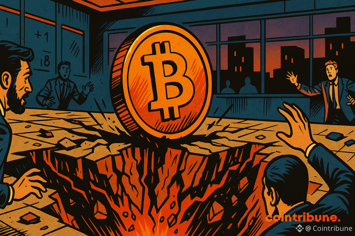 Le sol se fissure violemment sous un Bitcoin géant dans une salle de marché.