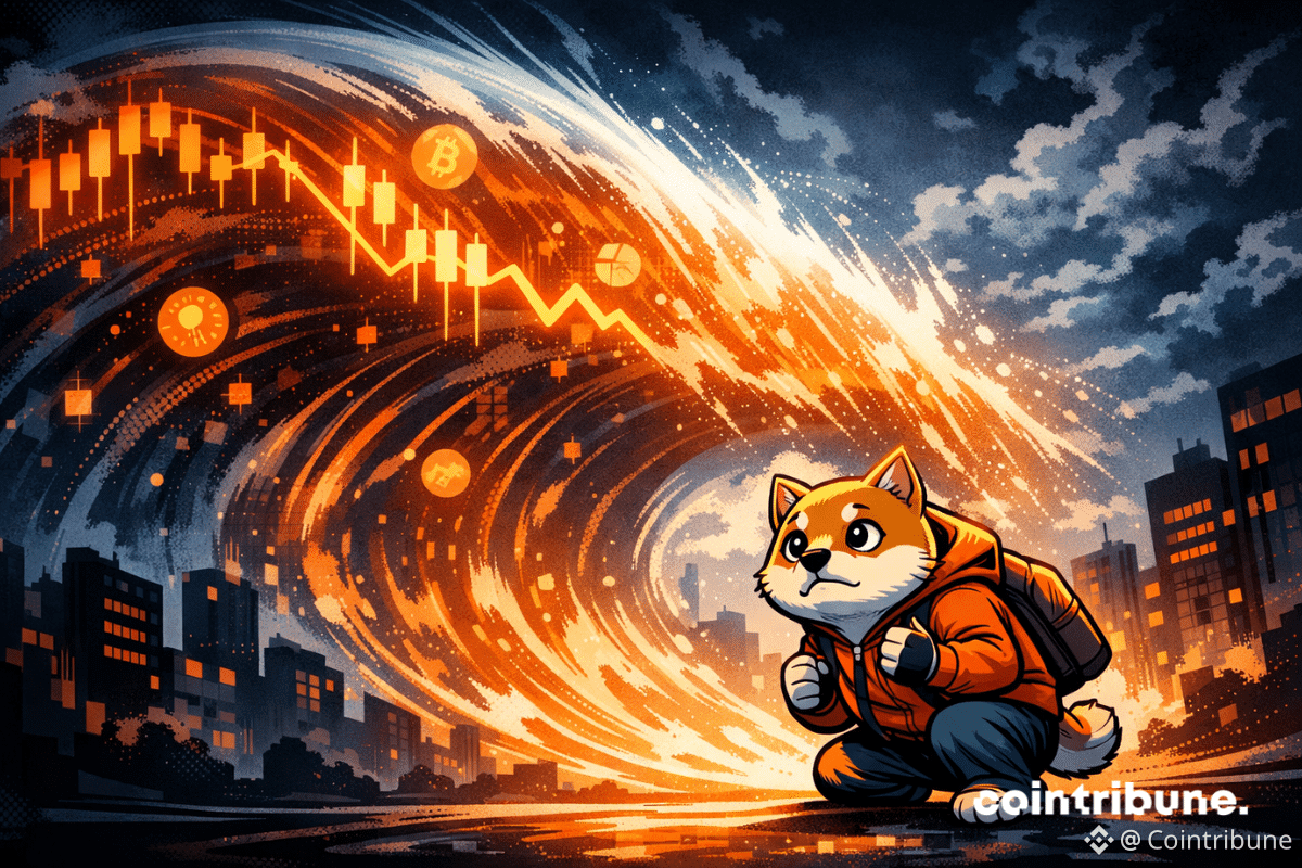 Shiba Inu inquiet, seul face à une vague orange de marchés crypto, symbolisant la pression violente et abstraite du marché en 2025.