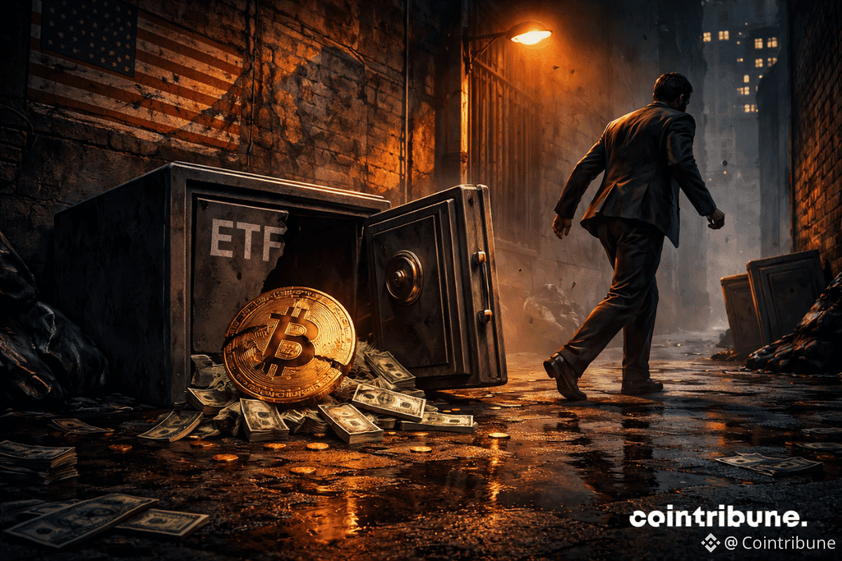 Un coffre-fort renversé marqué « ETF » laisse échapper un Bitcoin brisé et des billets dans une ruelle.