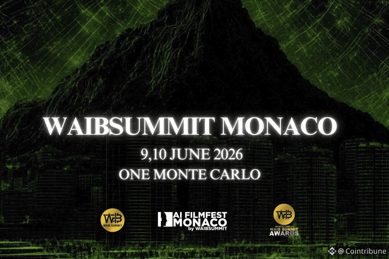 Fond vert foncé futuriste avec la silhouette d'une montagne surplombant Monaco. Un texte blanc en gras annonce le WAIB Summit Monaco 2026, qui se tiendra les 9 et 10 juin à One Monte Carlo. Trois logos en bas représentent le sommet, l'AI FilmFest Monaco et les WAIB Summit Awards.