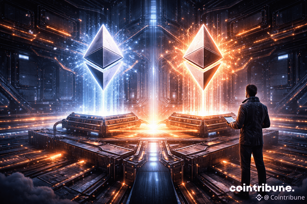 Un ingénieur tech en combinaison high-tech intervient sur une immense structure futuriste en forme de processeur géant avec deux modules de la crypto Ethereum flottants au-dessus.