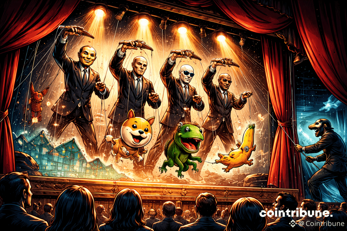 Sur une scène de théâtre encadrée de rideaux rouges épais et illuminée par des projecteurs orange, plusieurs acteurs masqués représentent des jetons politiques. Ils manipulent chacun une ou plusieurs marionnettes suspendues, représentant des memecoins emblématiques attachées à des fils visibles.