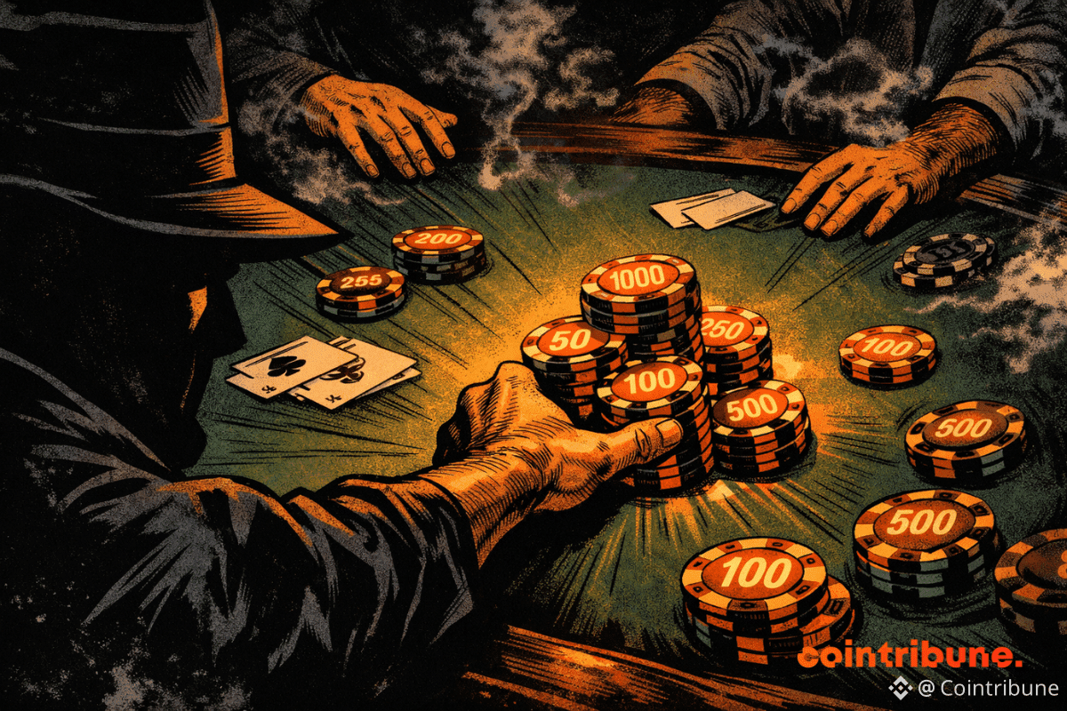 Une main dans l'ombre pousse des jetons de poker orange fluorescents au centre d'une table enfumée tandis que les autres joueurs se retirent, symbolisant un pari risqué contre toute attente.