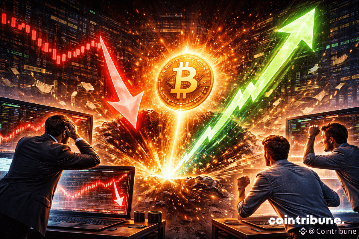 Un graphique de Bitcoin montre une chute vertigineuse jusqu’à 24 000 $, puis une ascension rapide. Des traders montrent avec des expressions de surprise pendant la chute, puis de joie ou de soulagement pendant le rebond, ce qui symbolise la baisse spectaculaire sur Binance.