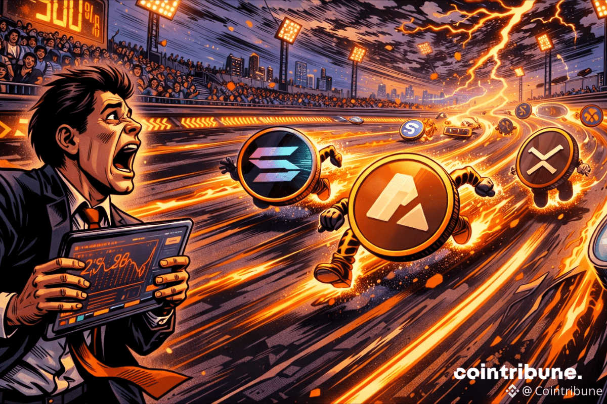 Comic-style scene of altcoin characters racing on a futuristic track, with a panicked trader watching them speed by.