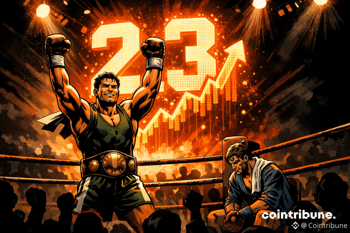 Un boxeur triomphant lève les poings sur un ring brillamment éclairé, tandis qu'un « 2.3 » orange lumineux se dresse derrière lui, tandis que son adversaire vaincu est affalé dans un coin au milieu d'une foule obscure.